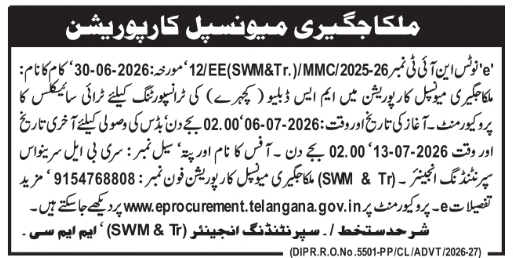 Tender Notice: Procurement and Transportation Works by Malkajgiri Municipal Corporation