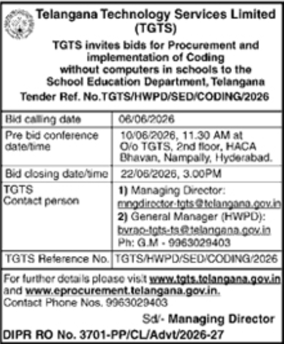 Tender Notice: Procurement & Implementation of Coding Without Computers in Schools (TGTS)