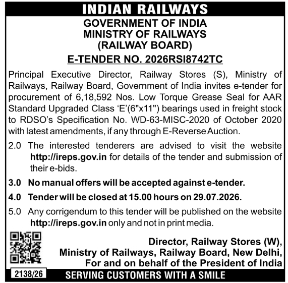 Tender Notice: Procurement of Low Torque Grease Seals by Indian Railways