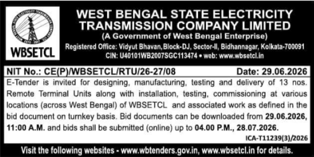 Tender Notice: Procurement of Remote Terminal Units by WBSETCL