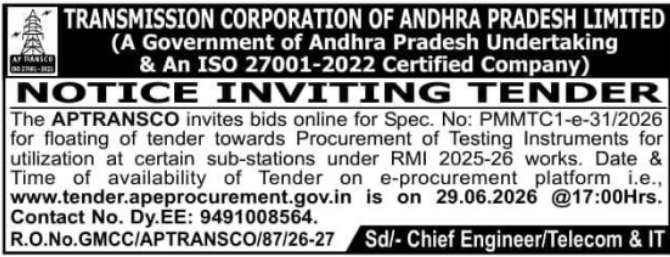 Tender Notice: Procurement of Testing Instruments by APTRANSCO
