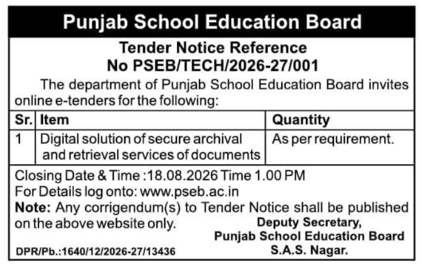 Tender Notice: PSEB Document Archival Services