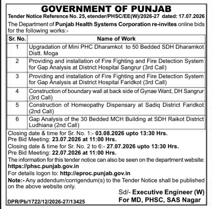 Tender Notice: Punjab Health Systems Corporation Infrastructure Works