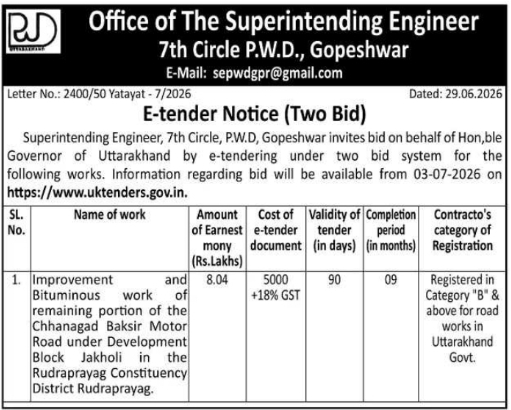 Tender Notice: PWD Gopeshwar Road Improvement and Bituminous Work