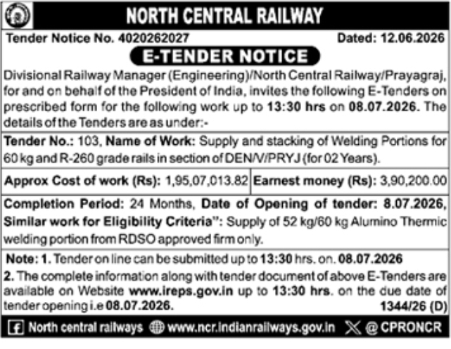 Tender Notice: Rail Welding Portions Supply for North Central Railway