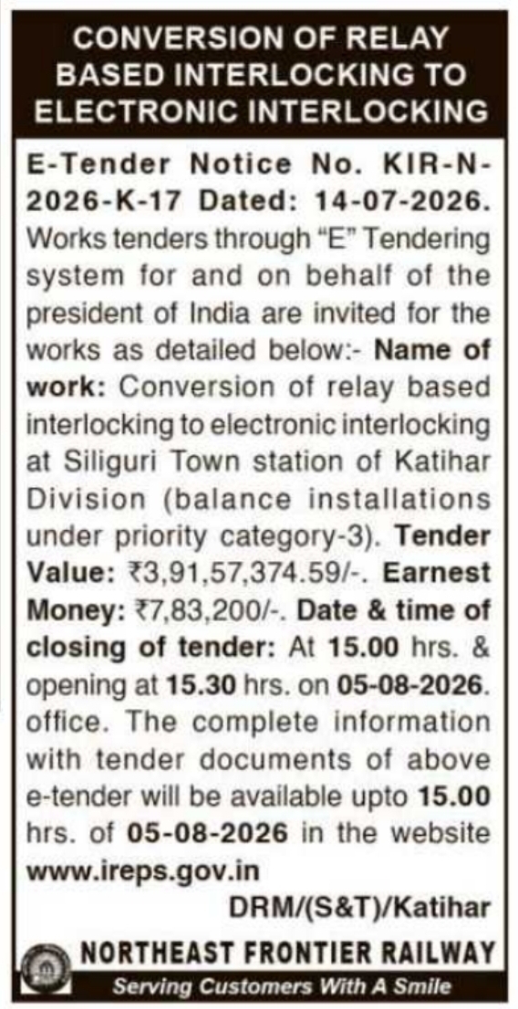 Tender Notice: Railway Electronic Interlocking Conversion