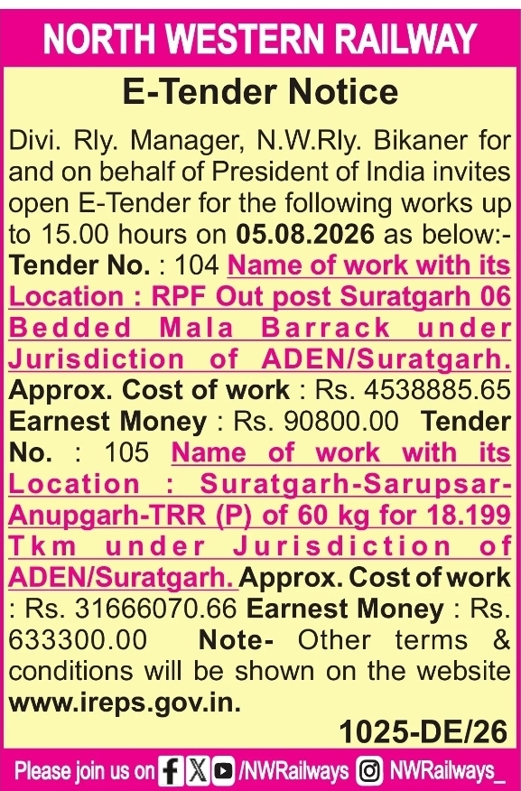 Tender Notice: Railway Infrastructure and Track Works at North Western Railway Bikaner