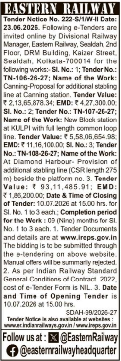 Tender Notice: Railway Infrastructure Works by Eastern Railway