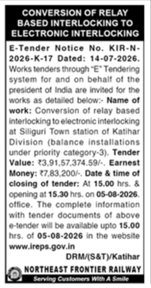 Tender Notice: Railway Interlocking System Conversion
