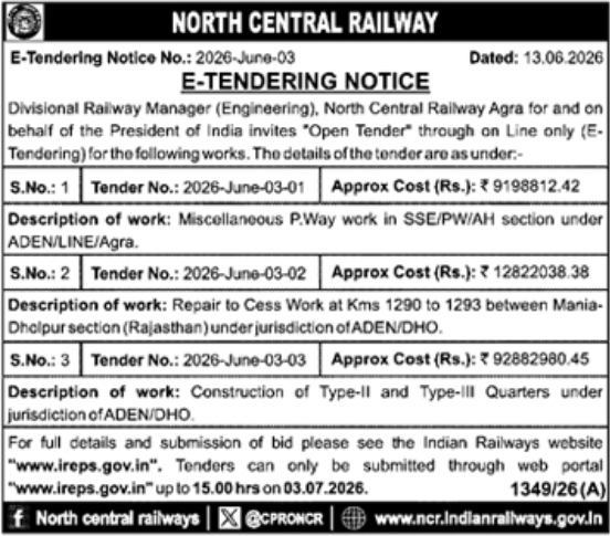 Tender Notice: Railway Maintenance and Quarters Construction for North Central Railway