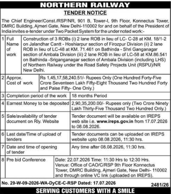 Tender Notice: Railway Road Over Bridge Construction