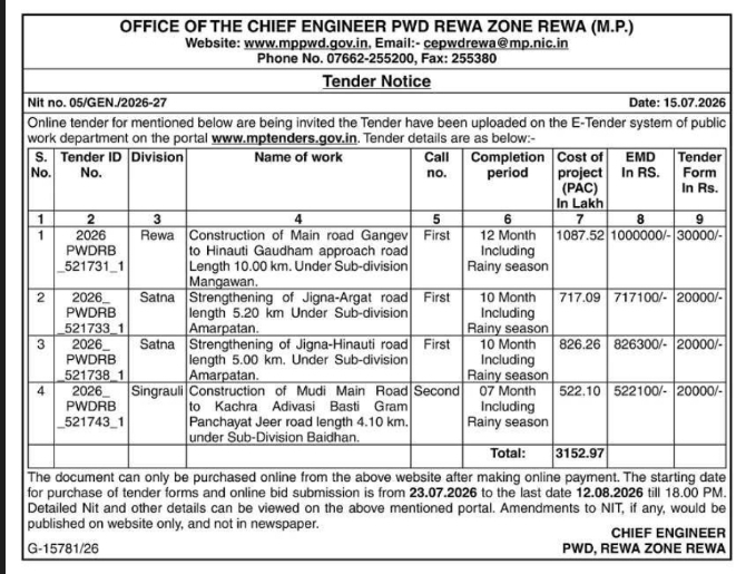 Tender Notice: Rewa Zone Road Infrastructure Works