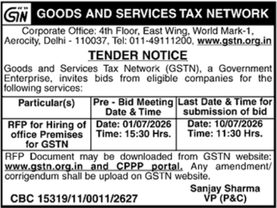 Tender Notice: RFP for Hiring of Office Premises for GSTN
