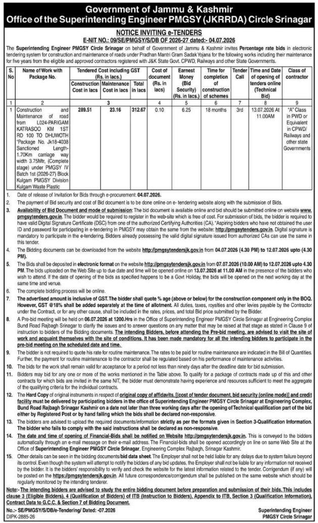 Tender Notice: Road Construction and Maintenance by PMGSY Srinagar