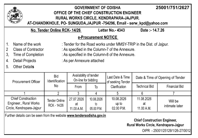 Tender Notice: Road Construction Works under MMSY-TRIP in Jajpur