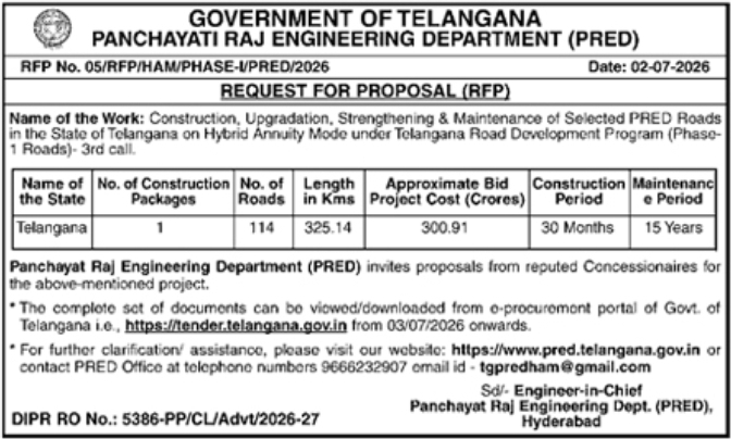 Tender Notice: Road Development by PRED Telangana