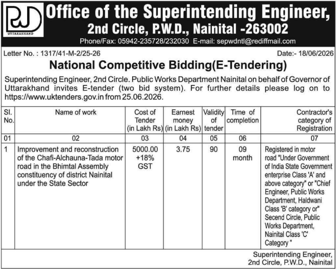 Tender Notice: Road Reconstruction PWD Nainital