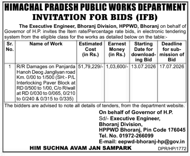 Tender Notice: Road Repair and Wall Construction