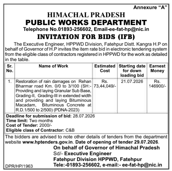 Tender Notice: Road Restoration Bids for HPPWD Fatehpur Division