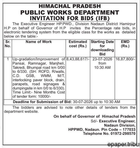 Tender Notice: Road Up-gradation and Infrastructure Works by HPPWD Nadaun