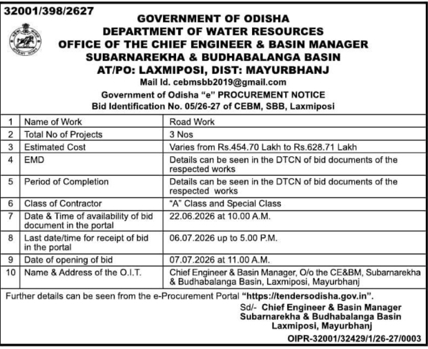 Tender Notice: Road Works in Subarnarekha and Budhabalanga Basin