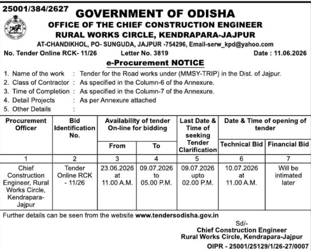 Tender Notice: Road Works Under MMSY-TRIP in Jajpur District