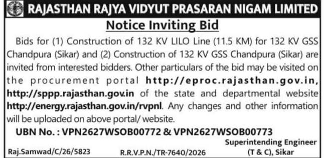 Tender Notice: RRVPNL Grid Substation and LILO Line Construction
