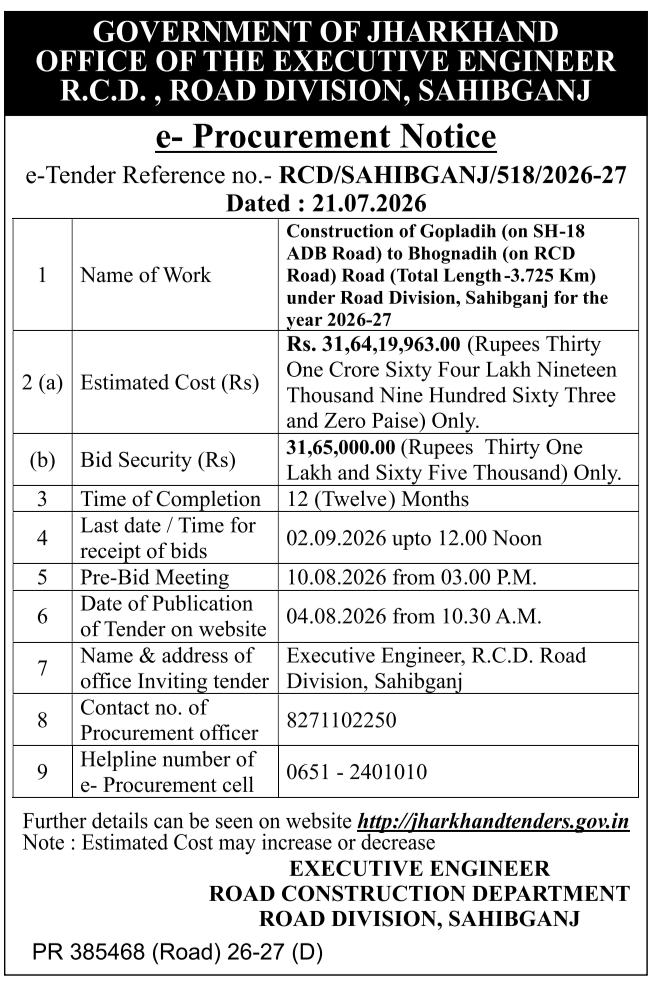 Tender Notice: Sahibganj Highway Construction Project