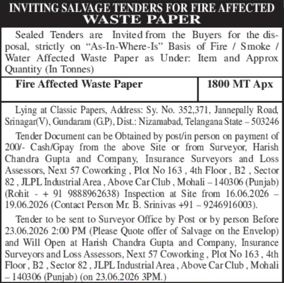 Tender Notice: Salvage Fire Affected Waste Paper Disposal for Classic Papers