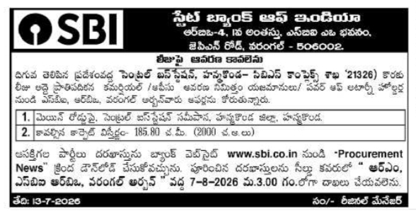 Tender Notice: SBI Branch Premises Lease
