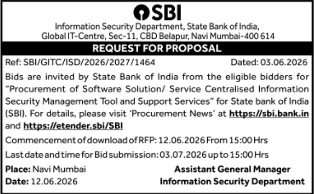 Tender Notice: SBI Security Management Tool Procurement RFP
