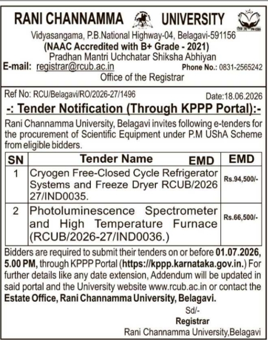 Tender Notice: Scientific Equipment Procurement RCUB Belagavi