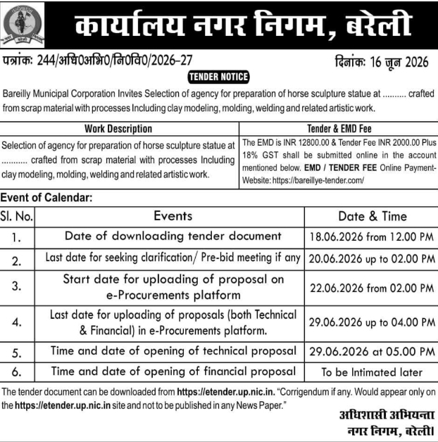 Tender Notice: Scrap Material Horse Sculpture Statue Installation by Bareilly Municipal Corporation