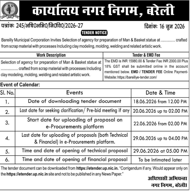 Tender Notice: Scrap Material Man & Basket Statue Installation by Bareilly Municipal Corporation