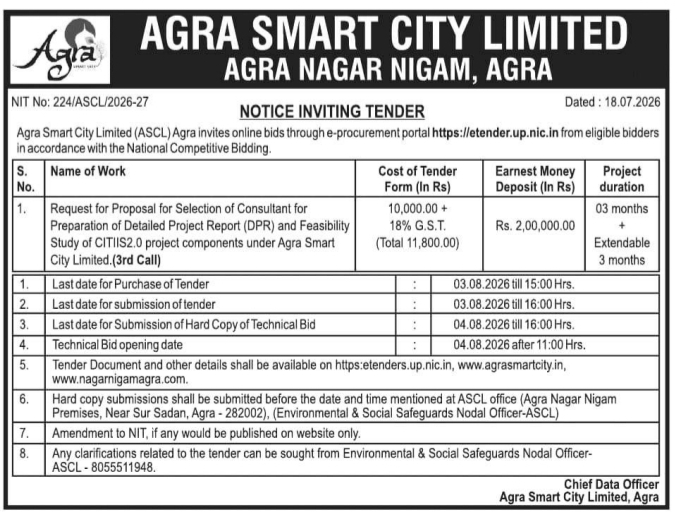 Tender Notice: Selection of Consultant at Agra Smart City Limited