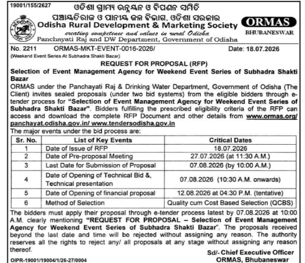 Tender Notice: Selection of Event Management Agency at Odisha Rural Development & Marketing Society