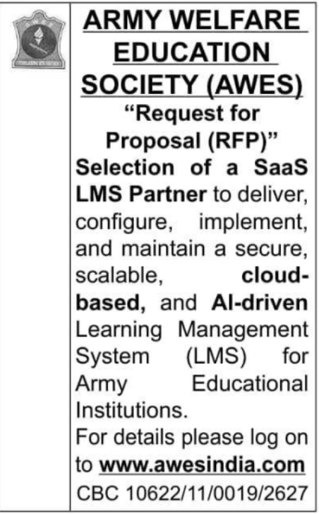 Tender Notice: Selection of SaaS LMS Partner by Army Welfare Education Society