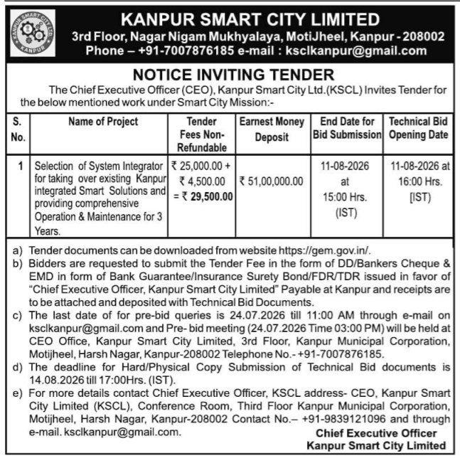 Tender Notice: Selection of System Integrator at Kanpur Smart City Limited