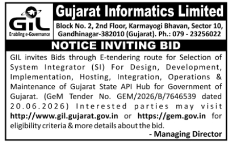 Tender Notice: Selection of System Integrator for Gujarat State API Hub by Gujarat Informatics Limited