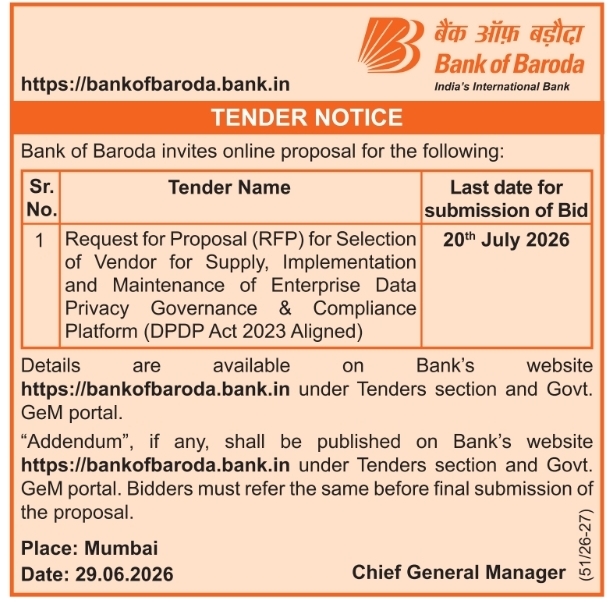Tender Notice: Selection of Vendor for Data Privacy Platform by Bank of Baroda
