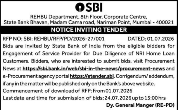 Tender Notice: Service Provider Engagement for NRI Home Loan Due Diligence at SBI