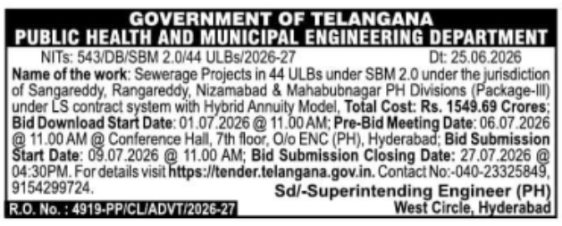 Tender Notice: Sewerage Projects EOI by Telangana PHMED