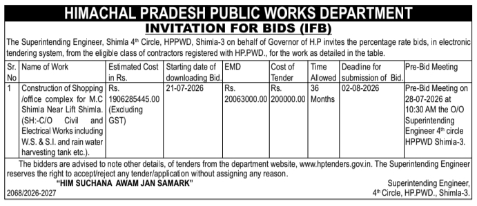 Tender Notice: Shimla Shopping Complex Construction