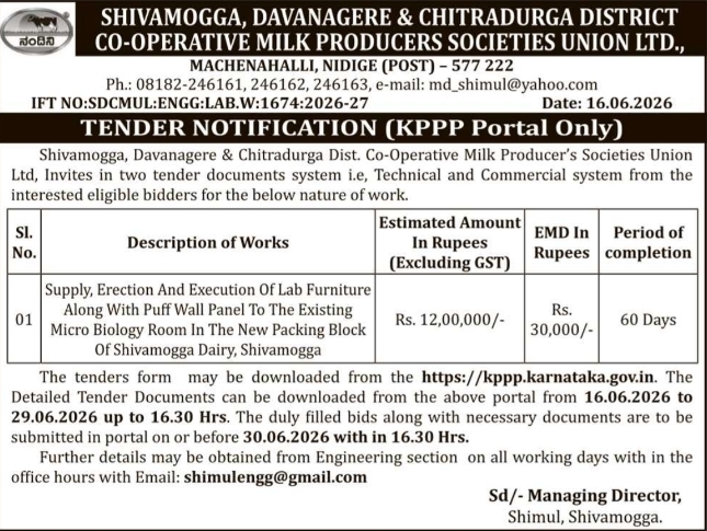 Tender Notice: Shimul Dairy Lab Furniture and Panel Supply Tender