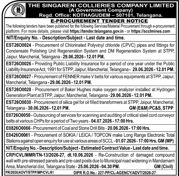 Tender Notice: Singareni Collieries E-Procurement Tenders