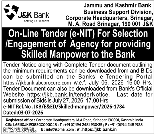 Tender Notice: Skilled Manpower Agency Selection by J&K Bank
