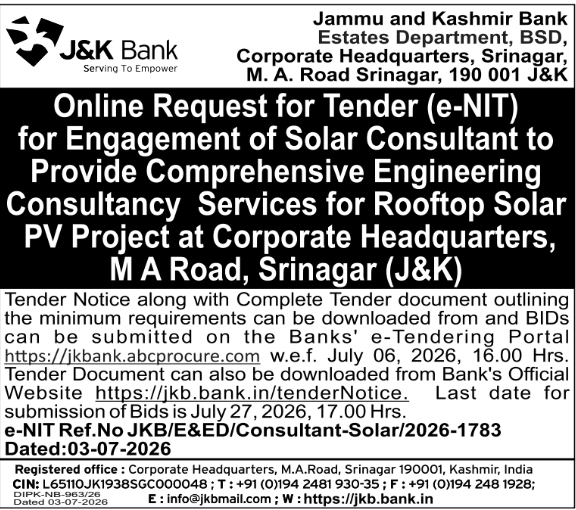 Tender Notice: Solar Consultant Engagement by J&K Bank
