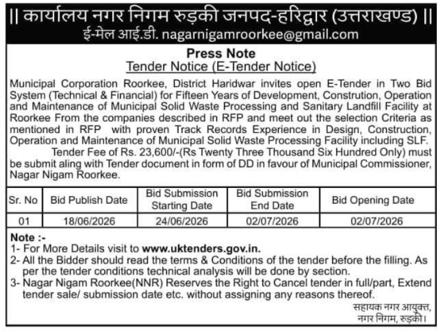 Tender Notice: Solid Waste Processing Facility Municipal Corporation Roorkee