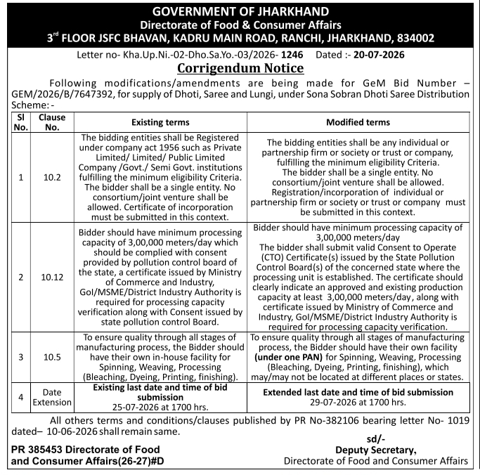 Tender Notice: Sona Sobran Scheme Corrigendum