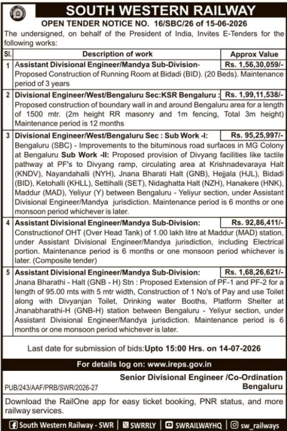 Tender Notice: South Western Railway Construction Works